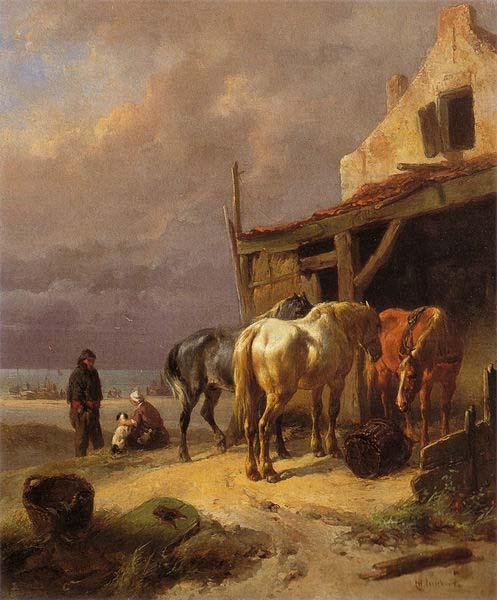 Wouterus Verschuur Draught horses resting at the beach